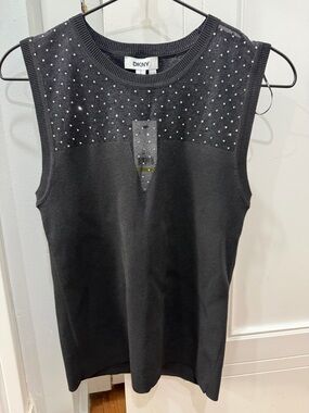DKNY Black Sleeveless Knit Tank with Studded Yoke